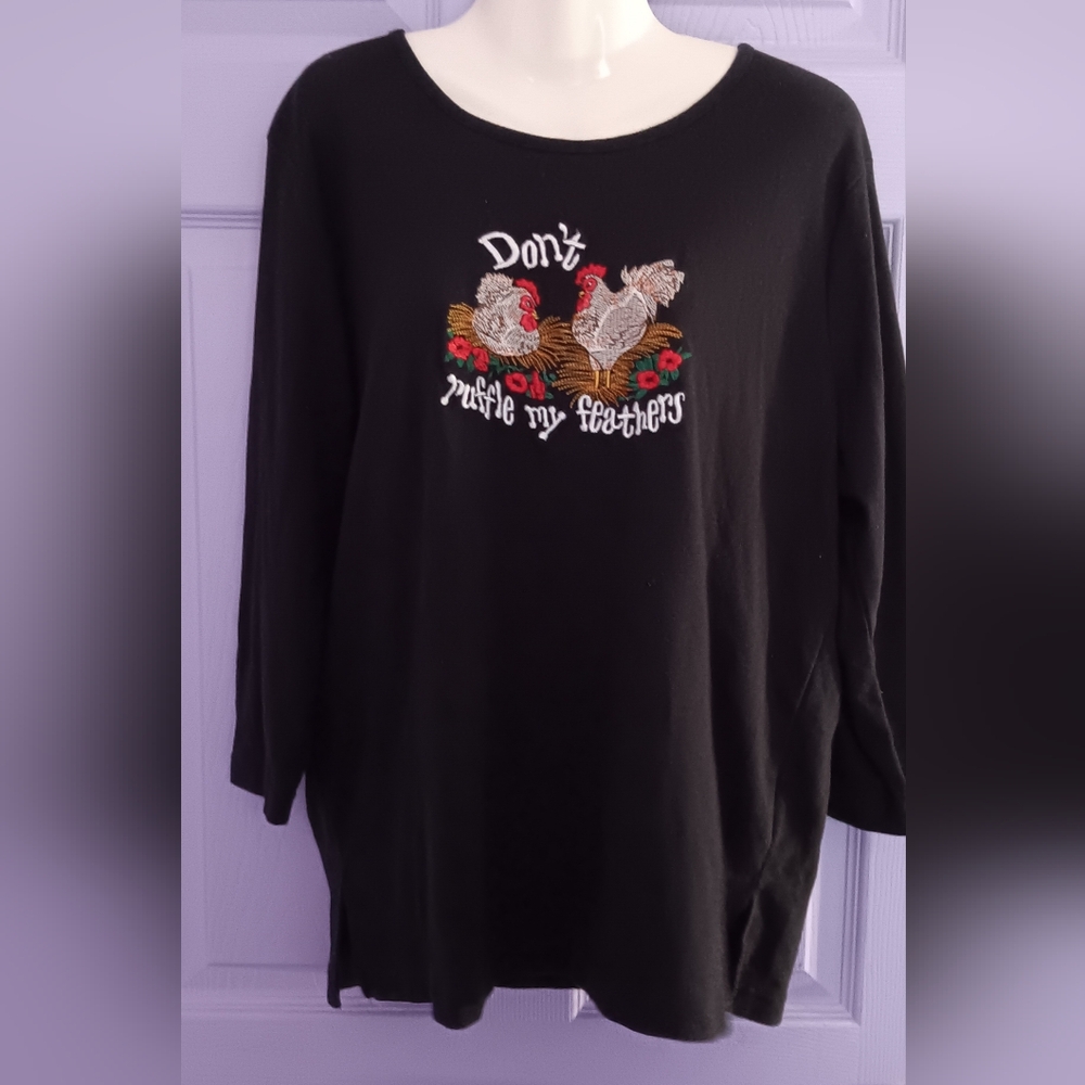 Bon Worth | Black Long Sleeve Top Graphic Embroidered Roosters Large
